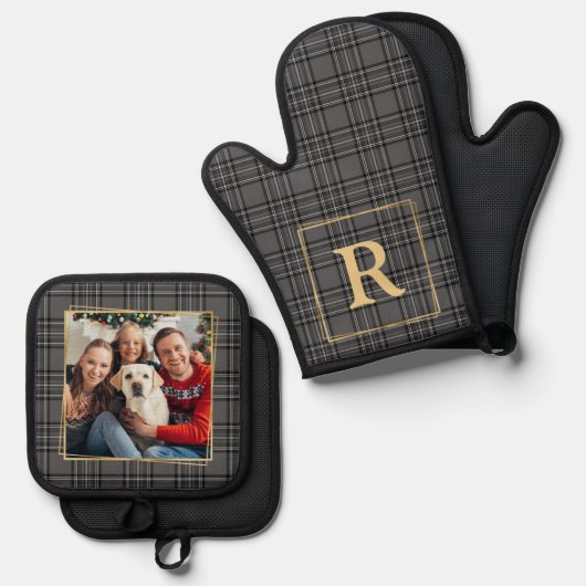 Familie Winter Grijs Geplaatst Custom Monogram & F Ovenwant & Pannenlap Set (Voorkant / Achterkant)