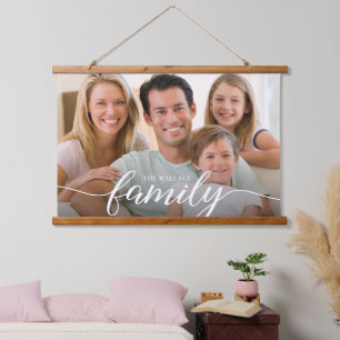 Familie witte overlay naam gepersonaliseerde foto hangend wandkleed