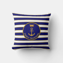 Familieanker & Kroon op Navyblauw & Wit Gestreepte Kussen