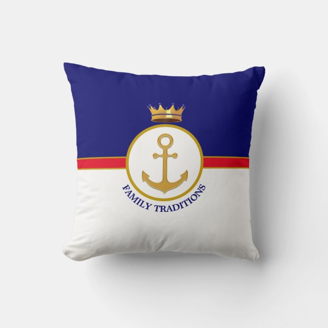 Familieanker & Kroon op Navyblauw & Wit Kussen (Voorkant)