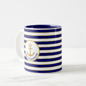 Familieanker op blauw & witte streped tweekleurige koffiemok (Voorkant links)