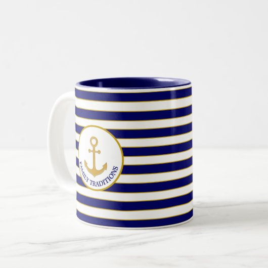 Familieanker op blauw & witte streped tweekleurige koffiemok (Voorkant links)