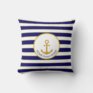Familieanker op marineblauw en witte strepen kussen