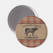 Familieboerderij Rustige Koe Rood Pset Burlap Rond Magneet (Voorkant / Achterkant)
