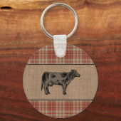 Familieboerderij Rustige Koe Rood Pset Burlap Rond Sleutelhanger (Achterkant)
