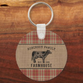 Familieboerderij Rustige Koe Rood Pset Burlap Rond Sleutelhanger (Voorkant)
