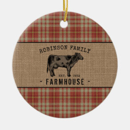 Familieboerderij Rustische Koe Red Pset Burlap Keramisch Ornament