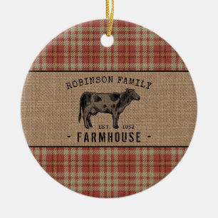Familieboerderij Rustische Koe Red Pset Burlap Keramisch Ornament
