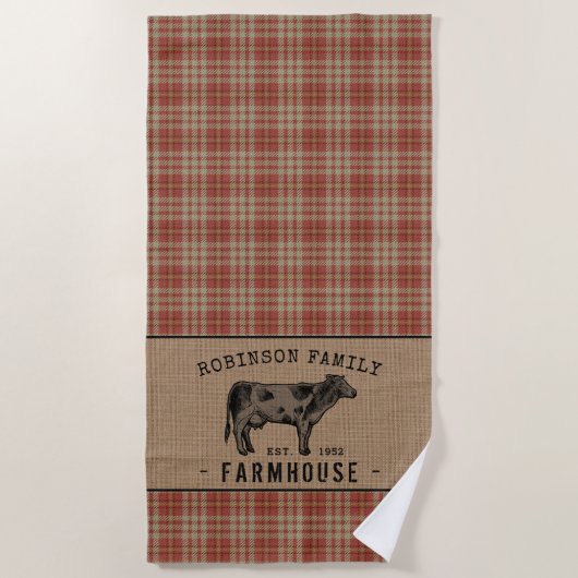 Familieboerderij Rustische Koe Red Pset Burlap Strandlaken (Voorkant)