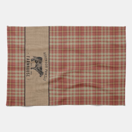 Familieboerderij Rustische Koe Red Pset Burlap Theedoek (Horizontaal)