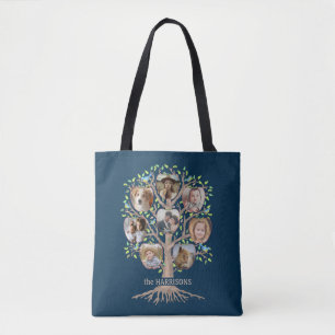 Familieboom Foto Collage 16 Afbeelding Naam Dk Blu Tote Bag