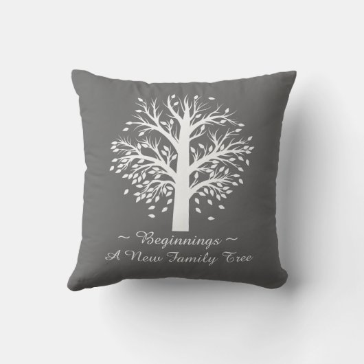 Familieboom, witte boom op grijs met namen en data kussen (Achterkant)