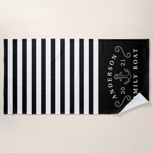 Familieboot Nautical Anchor Persoonlijk Zwart Strandlaken (Voorkant)