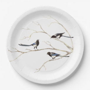 Familiecijfer met Waterverf Magpie Bird Familie Papieren Bordje