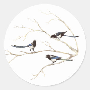 Familiecijfer met Waterverf Magpie Bird Familie Ronde Sticker