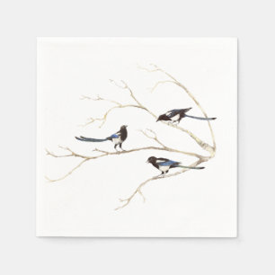 Familiecijfer met Waterverf Magpie Bird Familie Servet