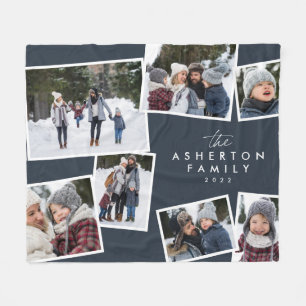 Familiecollage 7 foto gepersonaliseerd marineblauw fleece deken