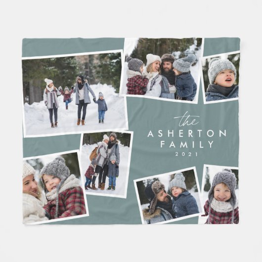 Familiecollage 7 foto gepersonaliseerd modern blau fleece deken (Voorkant (Horizontaal))