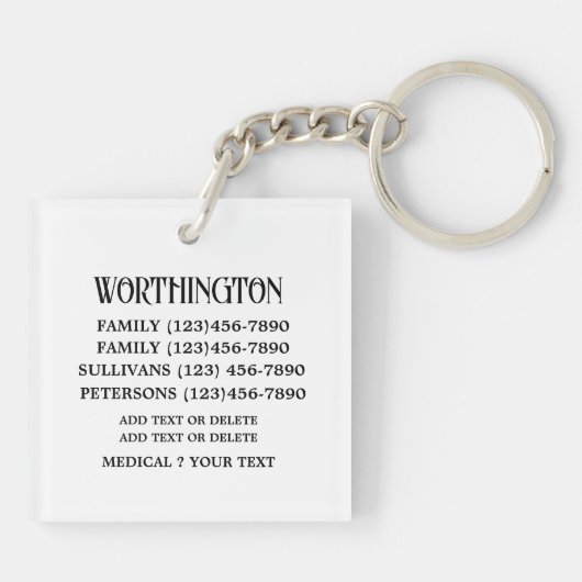 FAMILIECONTACTGEGEVENS, NOEM MAAR OP! DLEUTELHANGE SLEUTELHANGER (Achterkant)