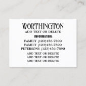 FAMILIECONTACTGEGEVENS, NOEM MAAR OP! VISITEKAARTJE (Achterkant)