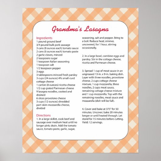 Familiefavoriete recept - Lasagna Poster (Voorkant)
