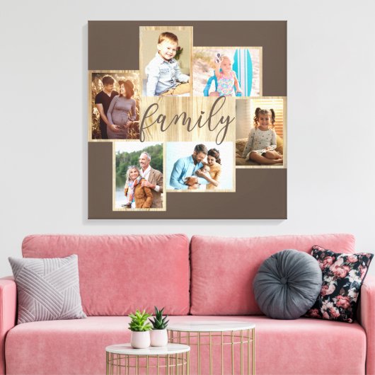 Familiefoilm Collage Woodgrain Lijst Brown Canvas (Insitu (Woonkamer))