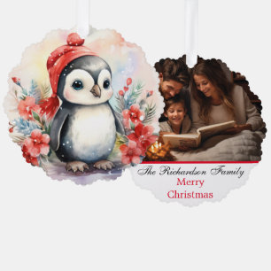 Familiefoto Aangepaste Naam Schattige Pinguïn Kers Ornament Kaart