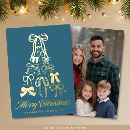 Familiefoto Bows Blue Christmas Gold Foil Kaart