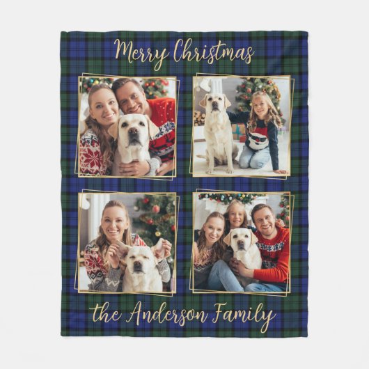 Familiefoto Collage 4 Custom Modern Holiday Plaid Fleece Deken (Voorkant)