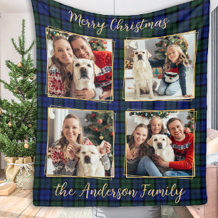Familiefoto Collage 4 Custom Modern Holiday Plaid Fleece Deken