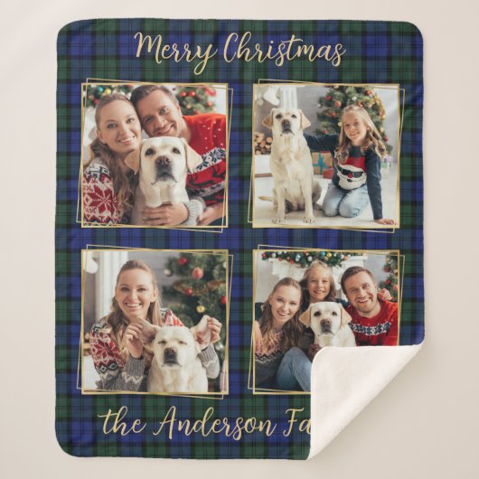 Familiefoto Collage 4 Custom Modern Holiday Plaid Sherpa Deken (Voorkant)