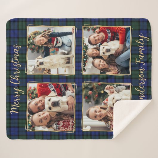 Familiefoto Collage 4 Custom Modern Holiday Plaid Sherpa Deken (Voorkant (horizontaal))
