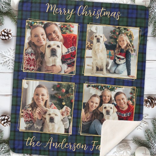 Familiefoto Collage 4 Custom Modern Holiday Plaid Sherpa Deken