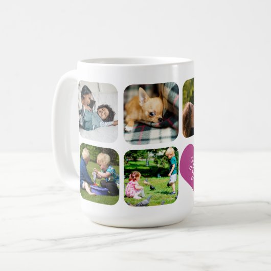 Familiefoto collage 7 foto's aangepaste naam tekst koffiemok (Voorkant links)
