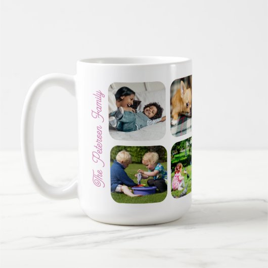 Familiefoto collage 7 foto's aangepaste naam tekst koffiemok (Links)