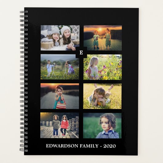 Familiefoto collage 8 foto's zwart gepersonaliseer planner (Voorkant)