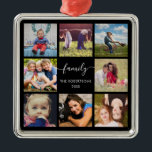 Familiefoto Collage Black Aangepaste keramische si Metalen Ornament<br><div class="desc">Voeg 8 van uw favoriete foto's toe aan onze klassieke,  elegante zwarte kleurstoffotoversiering. Voeg jouw naam toe en het jaar onder het woord familie.</div>