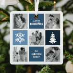 Familiefoto Collage Blue Christmas Metalen Ornament<br><div class="desc">Breng uw dierbare herinneringen deze kerst tot leven met onze moderne ornamenten. Met onze unieke fotocollage-sjabloon kunt u uw ornament aanpassen met uw eigen afbeeldingen,  ingebed te midden van stijlvolle blauwe vierkanten,  een prachtig geïllustreerde kerstboom en een sierlijk sneeuwvloksymbool. Maak het echt uw eigen met onze gebruiksvriendelijke tekst sjabloon.</div>