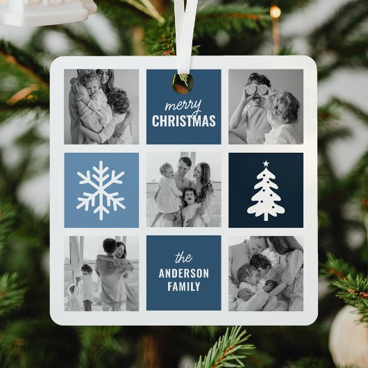 Familiefoto Collage Blue Christmas Metalen Ornament