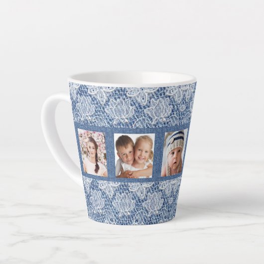Familiefoto collage blue denim lace latte mok (Linkerhoek)