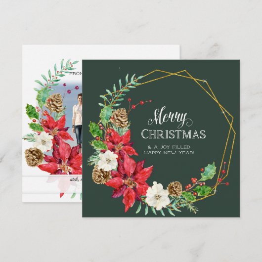 Familiefoto Collage Emerald Green in gouden bloeme Feestdagenkaart (Voorkant / Achterkant)