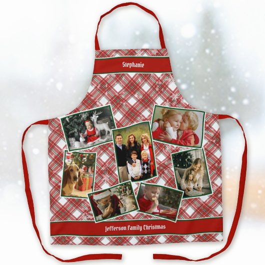 Familiefoto Collage en Naam Kerstmis Plaid Schort