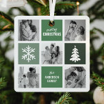Familiefoto Collage Groene Kerst Metalen Ornament<br><div class="desc">Breng uw dierbare herinneringen deze kerst tot leven met onze moderne ornamenten. Met onze unieke fotocollage-sjabloon kunt u uw ornament aanpassen met uw eigen afbeeldingen,  ingebed te midden van stijlvolle groene pleinen,  een prachtig geïllustreerde kerstboom en een sierlijk sneeuwvloksymbool. Maak het echt uw eigen met onze gebruiksvriendelijke tekst sjabloon.</div>