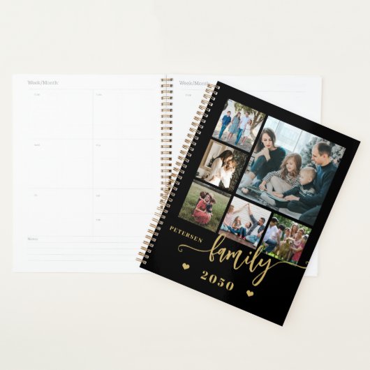 Familiefoto collage modern zwart goud 2026 planner (Display)