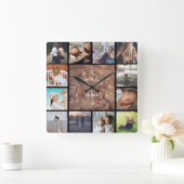 Familiefoto collage personaliseert hout vierkante klok (Huis)