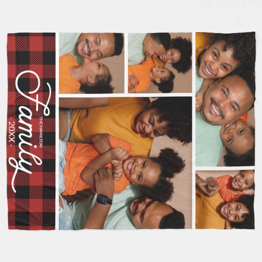 Familiefoto Collage Red Buffalo Plaid Fleece Deken (Voorkant (Horizontaal))