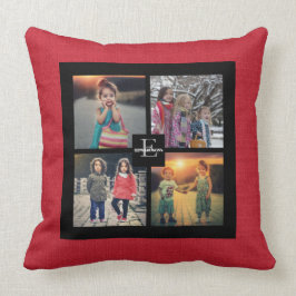 Familiefoto collage rode burlap monogram naam kussen