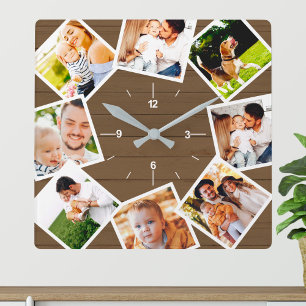 Familiefoto Collage Rustic Farmhouse Brown Vierkante Klok
