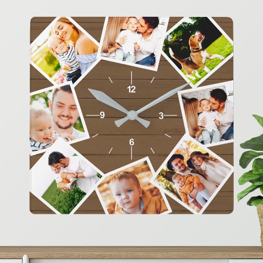 Familiefoto Collage Rustic Farmhouse Brown Vierkante Klok
