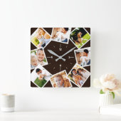 Familiefoto Collage Rustic Farmhouse Dark Brown Vierkante Klok (Huis)